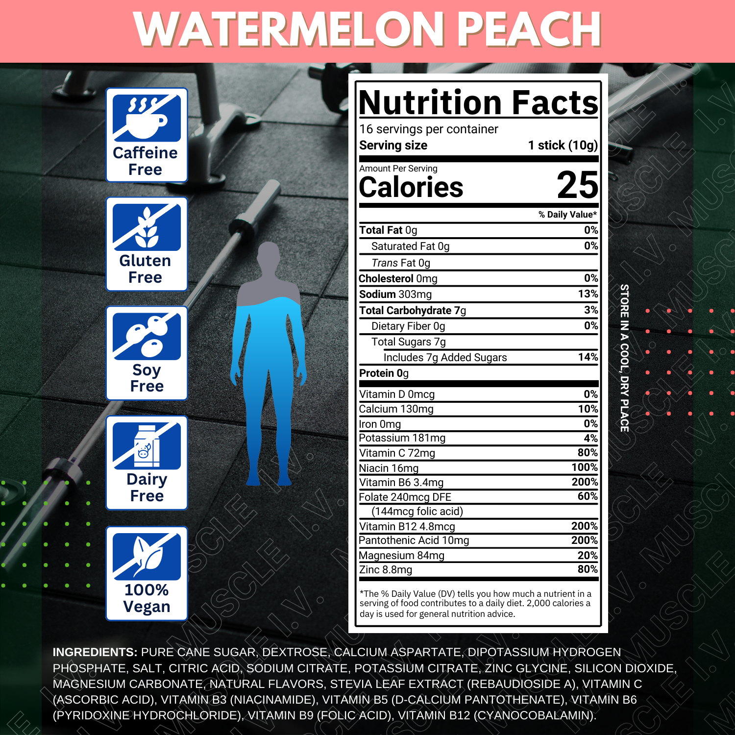 MUSCLE IV Hydration Electrolyte Beverage Stick Powder Packet Nutrition Facts for Watermelon Peach