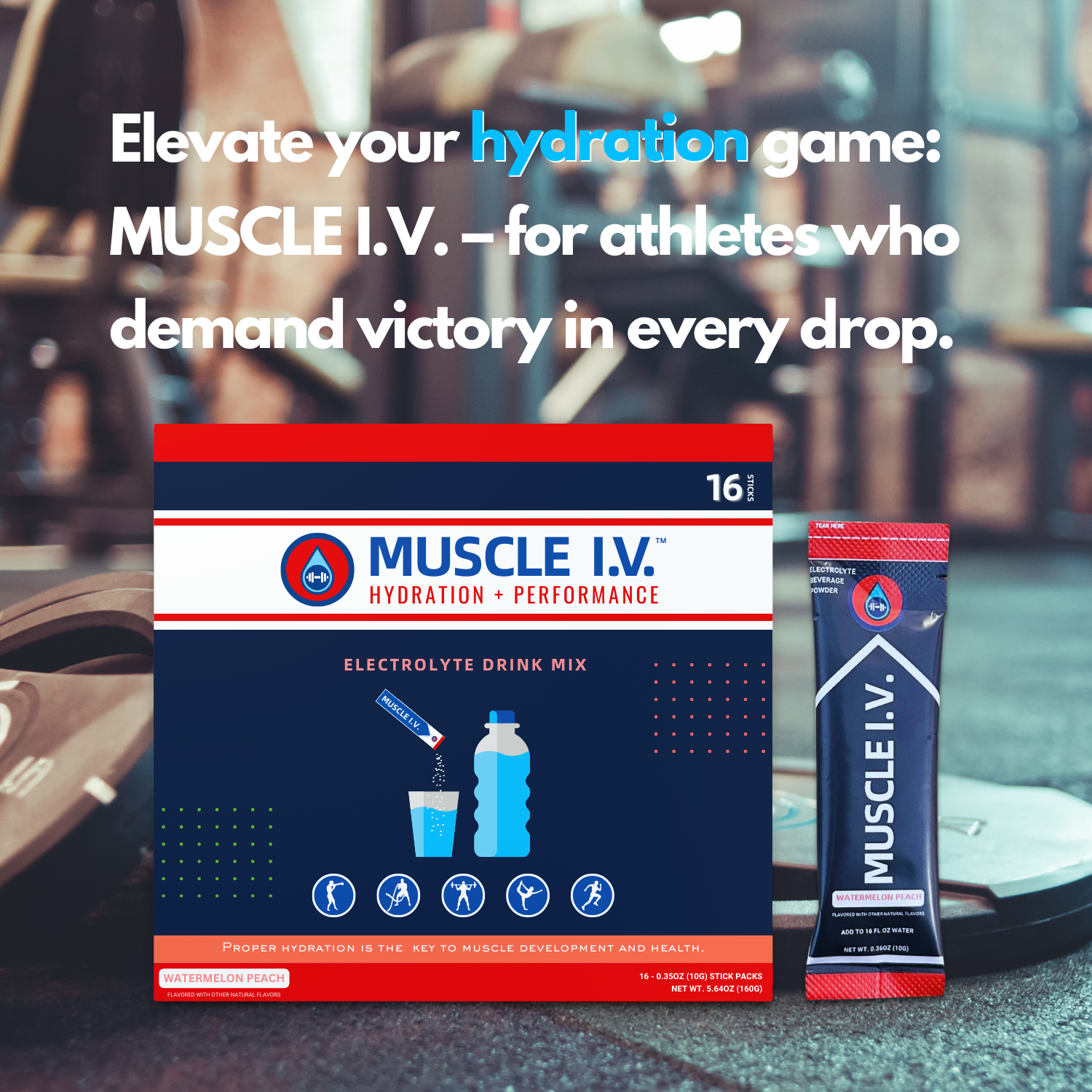 Muscle IV hydration electrolyte drink mix powder packets placed on gym floor in front of weights