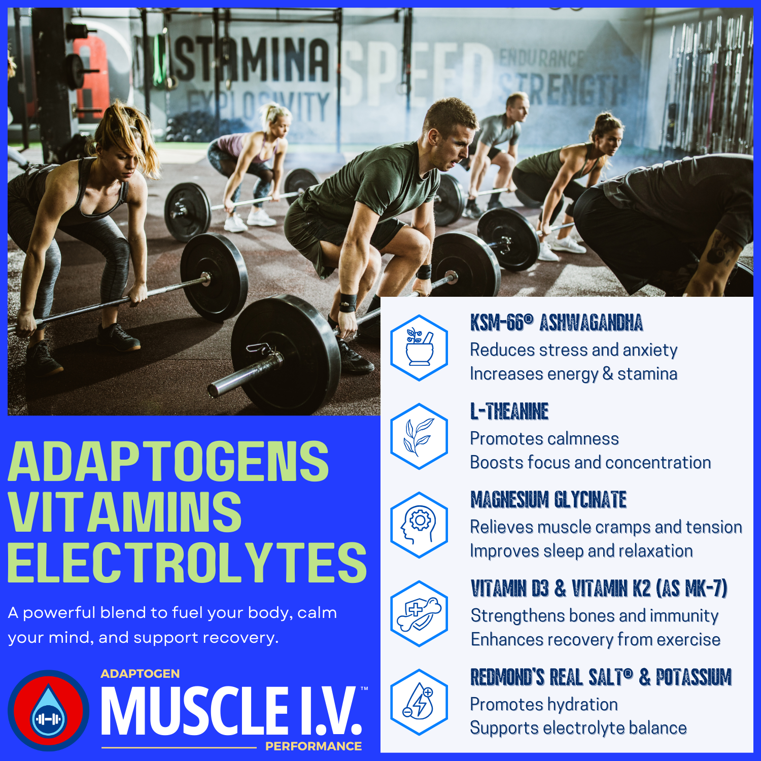 MUSCLE I.V.™ Adaptogen Electrolyte Performance Drink Mix Powder Packets Raspberry Lemonade overview with group workout