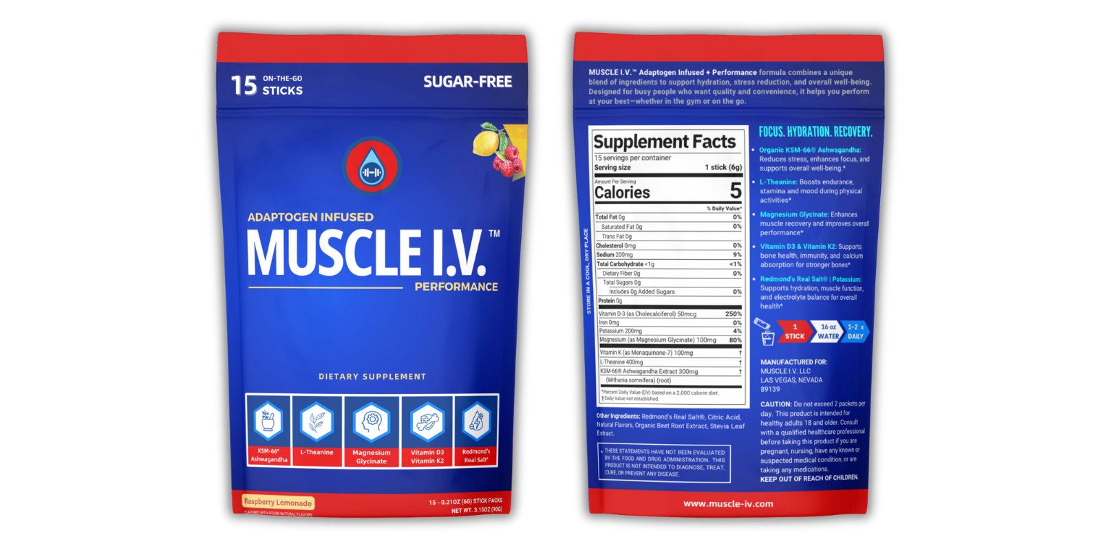 MUSCLE I.V.™ Adaptogen Electrolyte Performance Drink Mix Powder Packets in bag Raspberry Lemonade flavor with white background