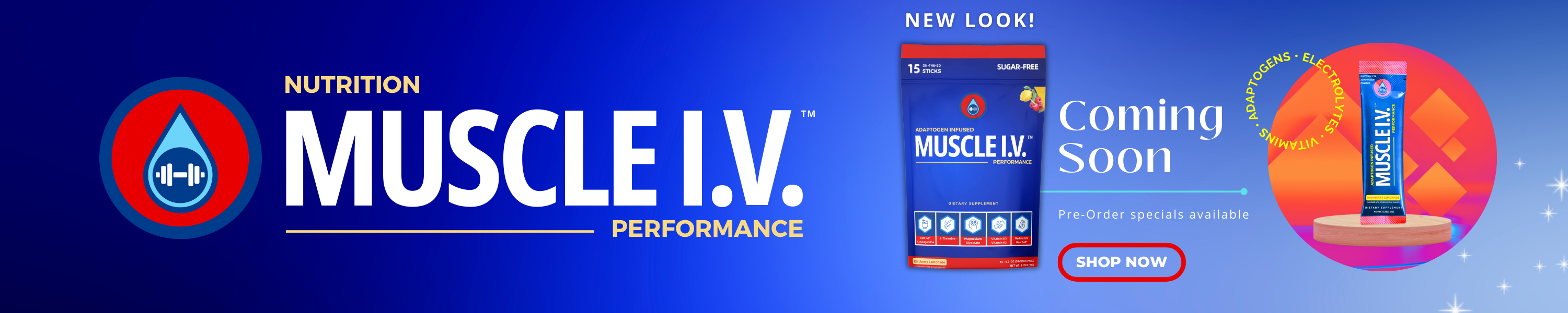 MUSCLE I.V.™ Adaptogen Electrolyte Performance Drink Mix Raspberry Lemonade powder packets New Release New Look Pre-Order Learn More with blue button