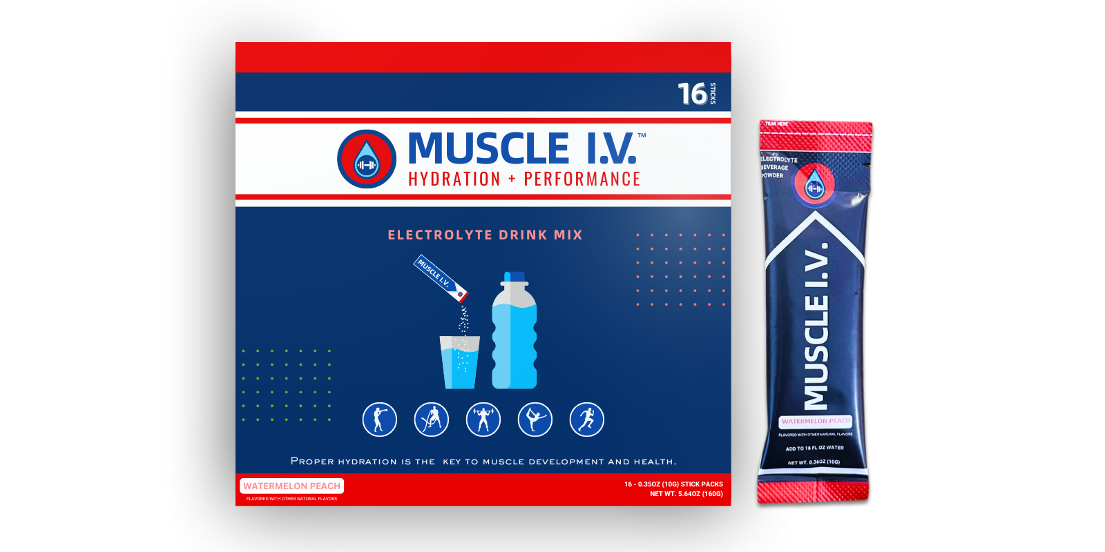 MUSCLE I.V.™ Hydration Electrolyte Performance Drink Mix Powder Packets Watermelon Peach flavor 16 Servings Box and Stick Packet with white background