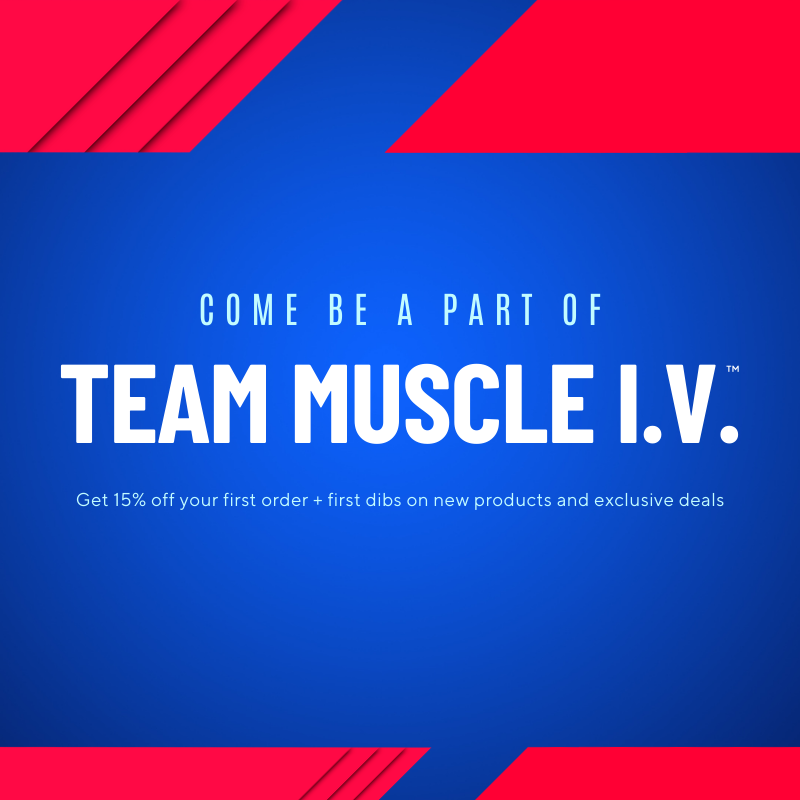 MUSCLE I.V.™ About Us section come be a part of Team MUSCLE I.V.™ with red top and bottom borders and blue background color