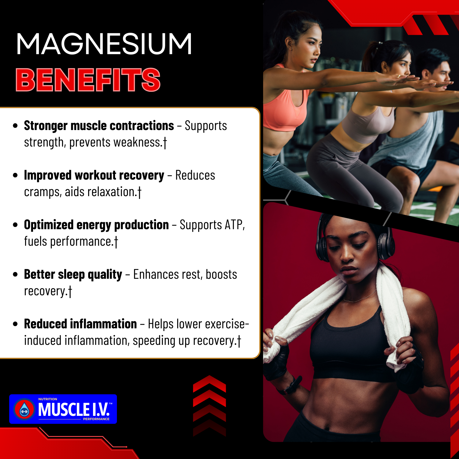 MUSCLE I.V.™ Hydration Electrolyte Performance Drink Mix Powder Packets Watermelon Peach flavor 16 Servings Magnesium benefits with athletes in group class and fitness pose