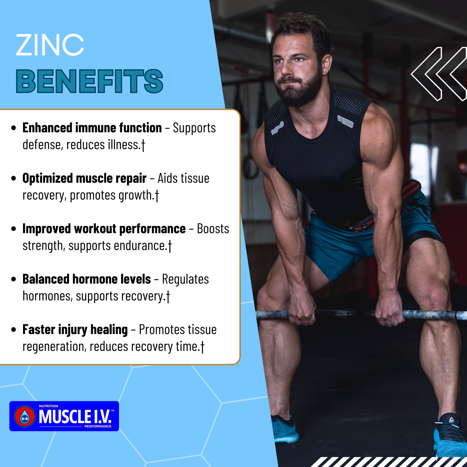 MUSCLE I.V.™ Hydration Electrolyte Performance Drink Mix Powder Packets Watermelon Peach flavor 16 Servings Zinc benefits with athlete performing heavy barbell deadlift