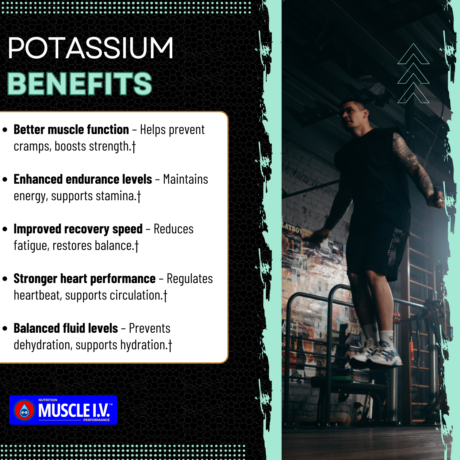 MUSCLE I.V.™ Hydration Electrolyte Performance Drink Mix Powder Packets Watermelon Peach flavor 16 Servings Potassium Benefits with athlete jumping rope