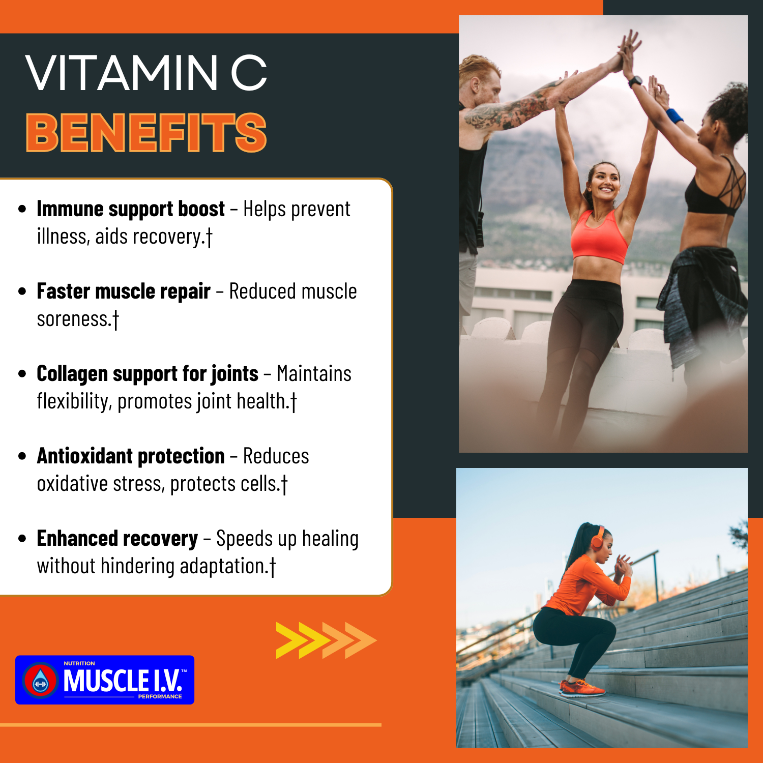 MUSCLE I.V.™ Hydration Electrolyte Performance Drink Mix Powder Packets Watermelon Peach flavor 16 Servings Vitamin C Benefits with group celebration and stadium exercises