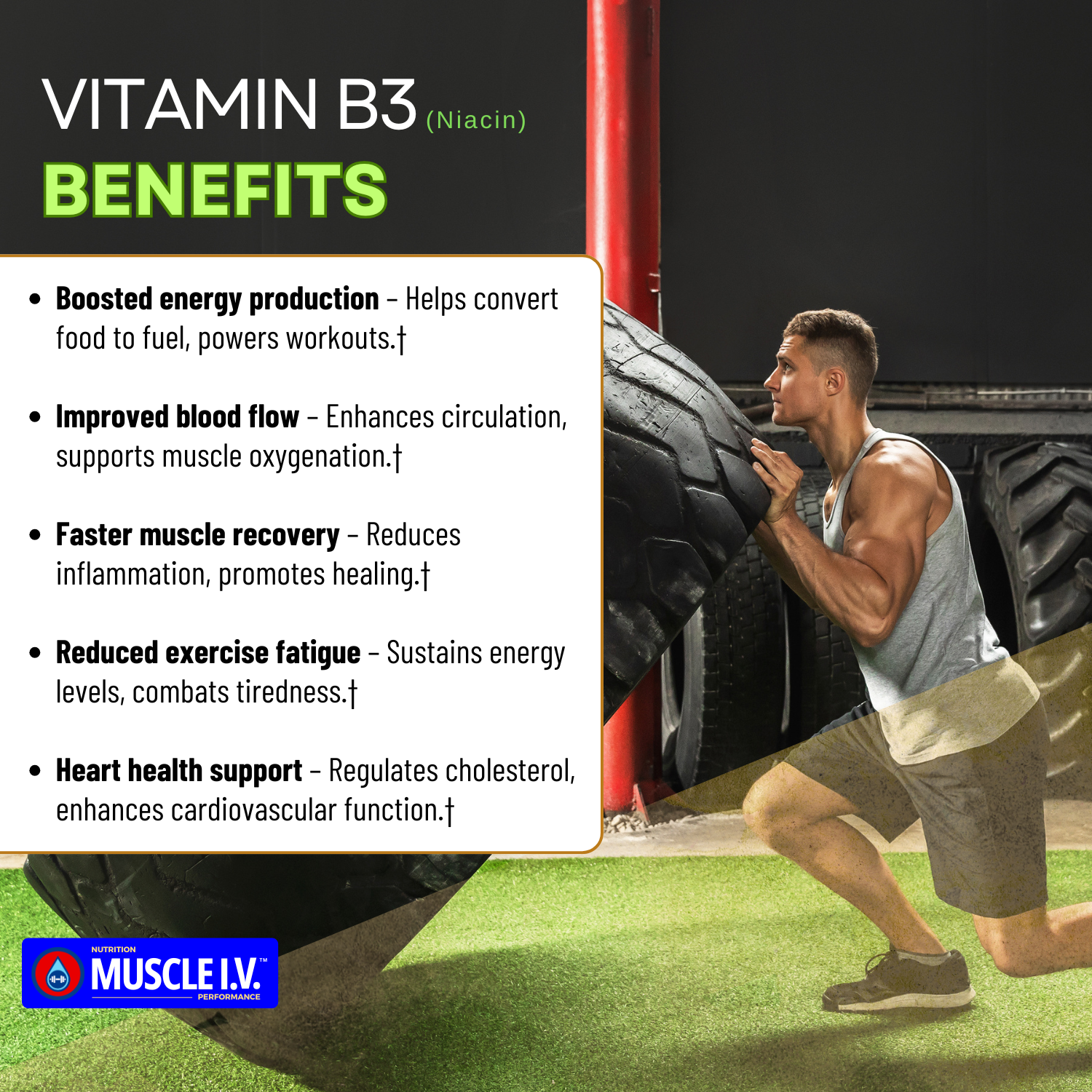 MUSCLE I.V.™ Hydration Electrolyte Performance Drink Mix Powder Packets Watermelon Peach flavor 16 Servings Vitamin B3 benefits with athlete flipping giant tire