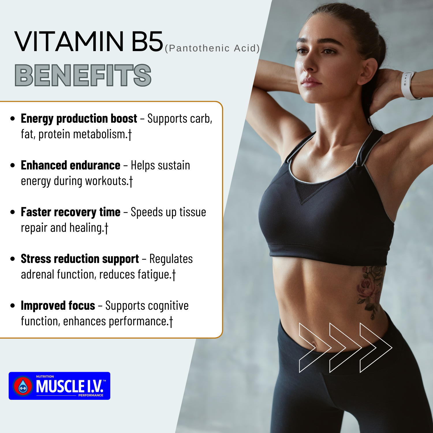 MUSCLE I.V.™ Hydration Electrolyte Performance Drink Mix Powder Packets Watermelon Peach flavor 16 Servings Vitamin B5 benefits with athlete in yoga pose