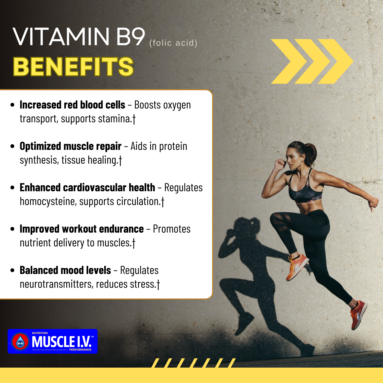 MUSCLE I.V.™ Hydration Electrolyte Performance Drink Mix Powder Packets Watermelon Peach flavor 16 Servings Vitamin B9 with athlete performing plyometric leg exercises