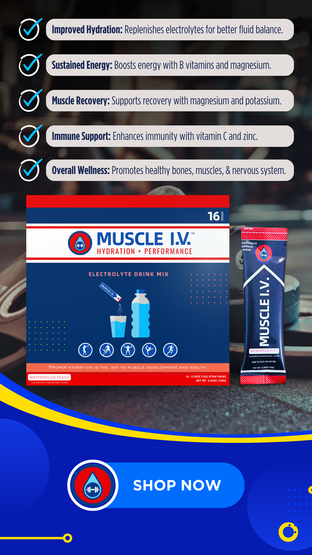 Muscle IV hydration electrolyte drink mix powder packets for fitness and active lifestyles on gym floor benefits