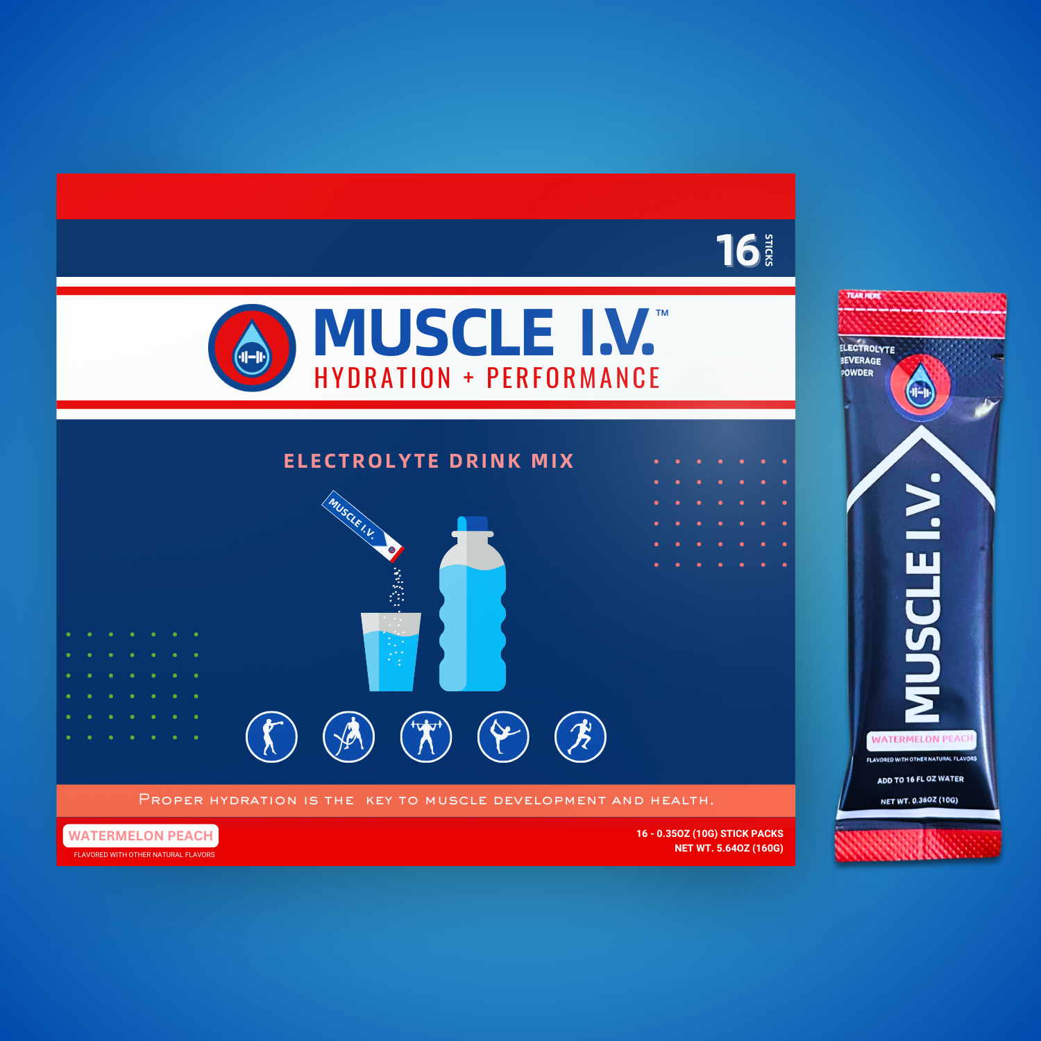 MUSCLE I.V.™ Hydration Electrolyte Performance Drink mix watermelon peach 16 count box and packet with blue background